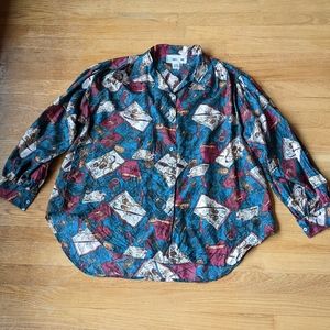 Louise Paris 100% Silk Author Poet Button Up Blouse in Blue Red Cream